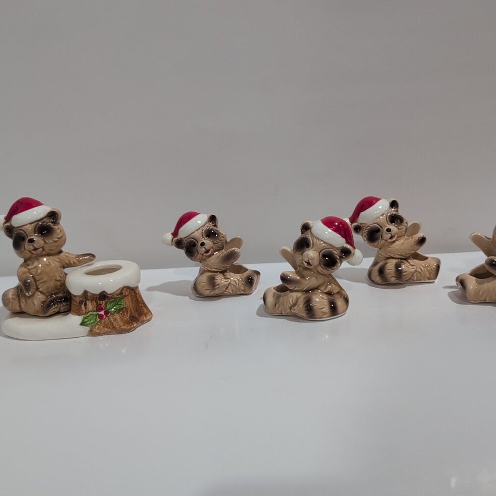 Vintage Lund's Lites Christmas Racoon Taper Candle Holder & 4 Candle Huggers
